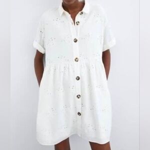 Zara White Embroidered Eyelet Button Down Baby Doll Dress Size Medium